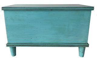 **SOLD** E143 Mid 19th century Eastern Shore Maryland diminutive Blanket Chest circa 1850 in the original robin egg blue paint, dovetailed case with a simple turned foot, reeded molding around lid and base.