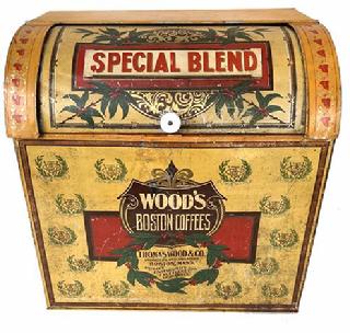 H153 Thomas Wood's Boston Coffee Tin General Store Display advertising tin, wonderful colors THOMAS WOOD & CO., BOSTON, MA. GENERAL STORE BIN. Circa 1900