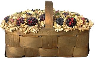 G637 Original Folk Art Flower Arrangement in basket with large Blackberries attributed to folk artist, Doris Stauble (1917 - 2007) from Wisscesset, Maine. This arrangement is in good condition and consists of many blackberries, in varying degrees of ripeness, and artificial foliage arranged in an early wooden basket with handle.   Approximate measurements: 13" long x 8 3/4" wide x 7 1/4" tall at handle