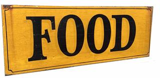 G768 Early 20th century  Double sided wooden sign advertising "FOOD" - Black letters with slight shading on a mustard yellow colored background. Black pin striping detail around the edges adds nice appeal. Small hole in each corner for hanging purposes.