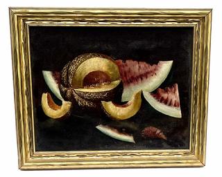 **SOLD** H923 19th century  Antique American School oil on canvas still life painting - Slices of Watermelon and Cantaloupe painted on cavass with the original frame, great small size 