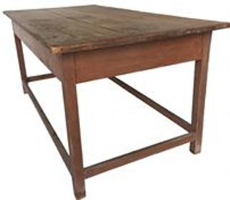   Q420  19th century Pennsylvania  box stretcher base Table with original dry salmon paint, circa 1820,three board top with bread board ends, with six full mortised on each end.