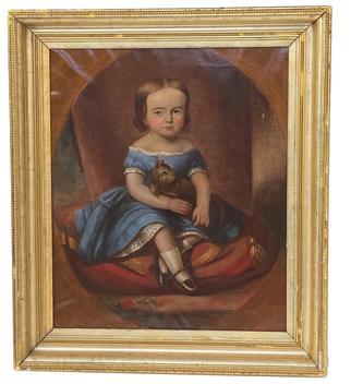 G253 American School, 19th Century Portrait of a Girl in a blue Dress holding her small cat Unsigned.,Oil on canvas, 36 x 32 in., in a gilt frame original to the painting with label on back from framing Co. in Boston Ma .
