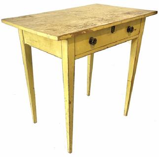 H518 19th century Lancaster County, Pennsylvania one drawer Hepplewhite table in original vibrant yellow painted surface with remnants of black pinstripe decoration. The drawer is dovetailed front and back. Great wear on top.