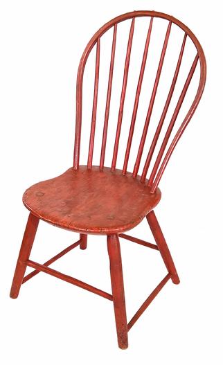 H196 Late 18th century, New England, seven spindle bow back Windsor Chair, dated under seat 1809 shaped plank seat, and splayed bamboo-style turned legs