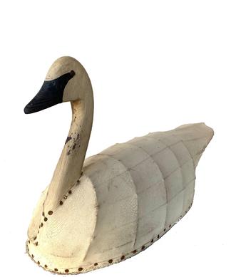 An early American confidence decoy of a swan featuring a carved and painted wooden head and neck attached to a body of canvas over a wood and metal frame Branded on bottom Cedar Is. Gun Club A great example of American primitive folk art - graceful lines and handsome design! Measurements 31� long 11� wide 16 ½� tall