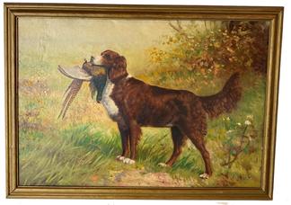 G858 American School Hunting / Sporting scene. Oil on canvas, depicting a bird dog with ring-neck pheasant in its mouth. Original label to reverse indicates artist as "Fox". Retains "R.W. Oliver's, Kennebunk, Maine' and "Ward Museum, Salisbury, Maryland" labels on reverse. Housed in period gilt frame. Late 19th/first quarter 20th century. Measurements: 14 1/2" x 21 1/2" sight, overall - 17 1/4" x 24 1/2".