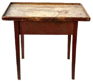 M265 Mid-19th century New England original red painted tray top table with one board, scrubbed top surrounded with applied gallery molding, resting on tapered legs. The apron is fully mortised and pegged into the legs. Square head nail construction.