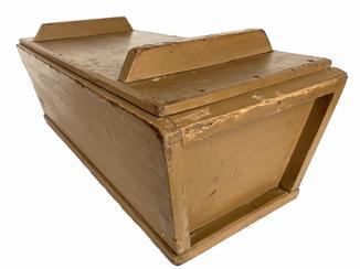 G374 19th Century lidded dough box in original mustard paint. Dovetailed and square head nail construction with lipped lid that retains two original grasp battens