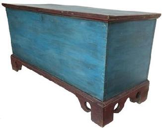  D555 19th century Salisbury Maryland in the original red and blue paint, dovetailed case with applied elaborate cut out base. One board square head nail construction, the interior has a locking glove box. circa 1830