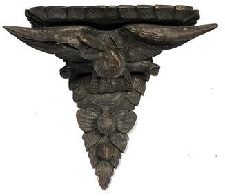 J94 Late 19th century Patriotic elaborately hand carved solid wooden shelf featuring a large Eagle with outstretched wings overlooking carved acorns / fruit. Heavily adorned with dimensional carvings from top to bottom