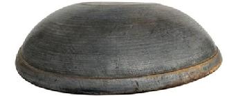  *SOLD* W19 Early 19th century Wooden turned  Bowl Small size, with the original dry blue/gray paint, and shows wonderful lathe marks,   measures 14" diameter out of round, with a band around top of bowl