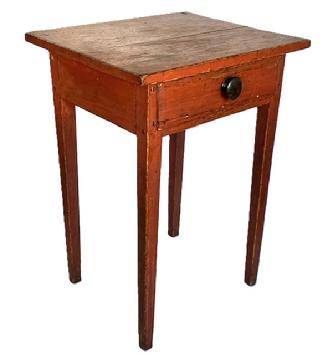 L781 (L313) 19th century Hepplewhite Stand with the original red paint, dovetailed drawer, the base of the Stand is pegged, and the top is held in place with cut nails, circa 1830 all original. Measurements are: 17 ½ deep x 20 " wide x 28" tall.