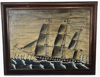J365 Original 19th century Marine Art � hand painted oil on canvas - depicting a fully rigged three masted American Naval Ship sailing at dusk. Exceptional details within the artwork. Circa 1890-1910.  Imperfections - as found out of a local estate. Framed Measurements: 38� wide x 7/8� thick x 29 ¾� tall. Canvas measurements: 32 ½� wide x 24 ½� tall