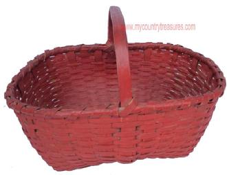 D81 Gathering basket with the original beautiful dry red paint,the handle is steamed and bent and notched with a single wrapped rim ice and tight and very well made