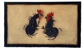 G297 Hand hooked rug depicting two fighting Roosters. Maker created dominant eyes, detailed combs, a few standing/loose feathers and pointed feet on each bird.  The body of each Rooster incorporates several colors, giving the effect of both texture and movement.  A solid black border creates the vision of a 1 1/2� frame around this great piece! Tightly hooked wool on burlap. Circa 1910-1920�s. Professionally cleaned, mounted and ready to hang. Measurements: 22� tall x 37 1/4� wide.