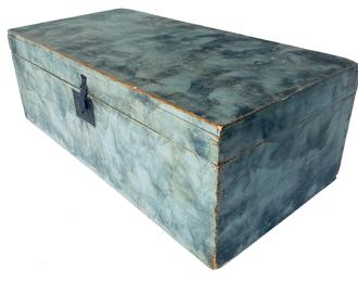 F208 Blue painted box with beautiful smoke decoration and dovetailed case. Measurements:  30" wide x 15" deep x  10 1/4" tall