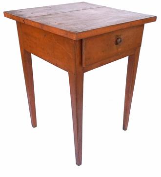 G558 Wonderful Mid 19th Century Pennsylvania one drawer Hepplewhite table in original pumpkin paint. Primarily square head nail construction with beautifully tapered legs and original wooden knob on drawer.  Circa 1850-1860. Completely original.  Measurements: 21 3/4� wide x 21 1/2� deep x 29� tall 