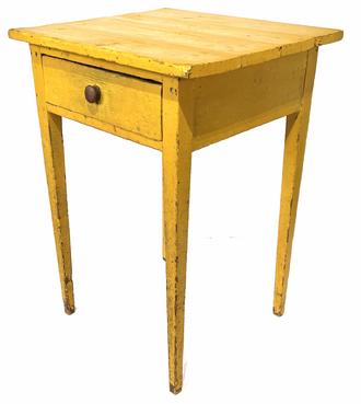 G912 Early 19th century Lancaster County Pennsylvania one Drawer Hepplewhite side Table, in the vibrant yellow paint, with a dovetailed drawer, the wood is white pine, tee nail construction, circa 1810 measurement are 21 1/2" wide x 19 3/4" deep x 31 tall