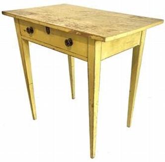 H518 19th century Lancaster County, Pennsylvania one drawer Hepplewhite table in original vibrant yellow painted surface with remnants of black pinstripe decoration. The drawer is dovetailed front and back. Great wear on top . Measurements: 29 5/8� wide x 19 1/8� deep x 28 ½� tall. (23 ½� from apron to floor)