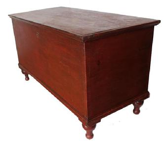 C377 Blanket Chest with the  original red paint, from York Pennsylvania, the construction is dovetailed, with very gracefully turned feet, all original  circa 1840