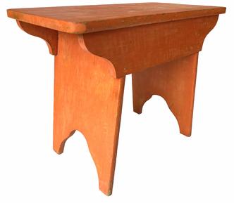 G857 Late 19th century Lancaster, Pennsylvania splay leg  pumpkin painted Bench featuring cut-out supports and shaped sides. One board construction, all original circa 1880. Measurements:  24" wide, 12 1/2" deep x 19" tall