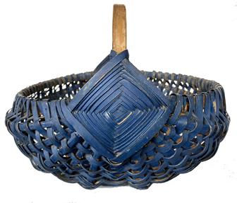 G308 Outstanding Melon Basket in  dry  beautiful  original blue paint  with the "Eye of the Wind God" on each side of the handle.  Color is spectacular, really what you're looking for in a nice old basket like this. Great workmanship    with a hand carved and steamed and bent handle, single wrapped rim ,  Measurements are  13 3/4" wide x 11" including handle 