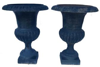 **SOLD** J273 Matching pair of tall, heavy cast iron garden Urns bearing old black painted surface. Each Urn measures 30" tall x 22 ½� diameter
