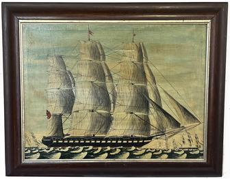 J364 Original 19th century Marine Art � hand painted oil on canvas - depicting a fully rigged three masted British Naval Ship. Exceptional details within the artwork. Circa 1890-1910.  Imperfections - as found out of a local estate. Framed Measurements: 38� wide x 7/8� thick x 29 ¾� tall. Canvas measurements: 32 ½� wide x 24 ½� tall