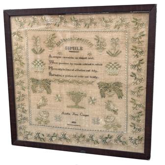 **Sold**J441 Exceptional, identified and dated framed Needlework Sampler that reads: �SIMILE � A sampler resembles an elegant mind, Whose passions by reason subdued & refin�d - Move only in lines of affection and duty, - Reflecting a picture of order and beauty.  Aletta Ann Cooper  1839� Urns, baskets and vines of flowers, birds and geometrical shapes adorn the symmetrical layout. For such an early and exceptional sampler, there are only a few very minor fabric losses to the linen background.  Framed measurements: 18 ¼� wide x 18� tall