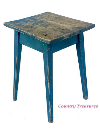 E584 Early 19th century Maryland splay leg  hepplewhite Stand, original blue paint, the base is all mortised peg, the top is held on with sqaure head nails Circa 1820 