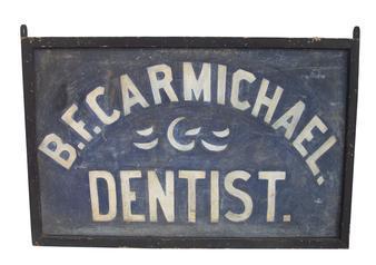 **SOLD** Z58 Wonderful 19th century Two Sided Sign, White Lettering on Blue, "B.F. CARMICHAEL DENTIST"