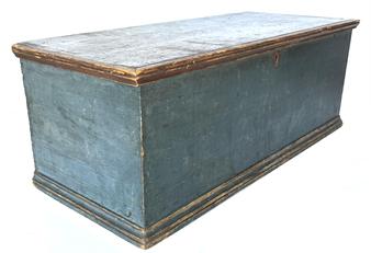 i2 18th century original blue painted dovetailed document box with applied molding around top and bottom. Combination of dovetailed, �T� nails and square head nailed six-board construction. Wonderful dry blue painted exterior surface with natural patina interior. Very faint pencil writing on inside of lid. Circa 1790s. Measurements: 27� wide x 11½� deep x 10¼� tall