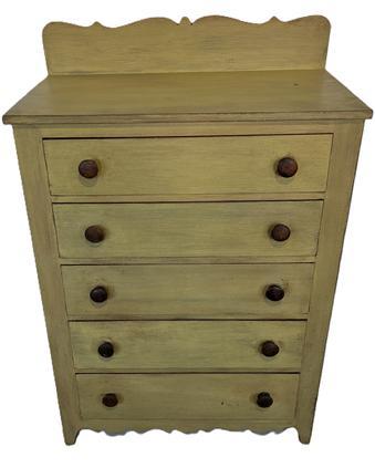 **SOLD** K1633 Fantastic Pennsylvania Chest of Drawers boasting five (5) dovetailed drawers and an original decorative cut out backsplash that mimics the cut-out apron at the bottom in its original mustard painted surface. The ends also feature decorative cut out feet. The original backsplash is attached with square head nails and shows no signs of ever having been removed. The wood is pine. All drawers bear clean, natural patina interiors. Circa 1840s. Measurements: 33 &frac12;� wide x 18� deep x 51 &frac14;� tall (back) x 44 &frac34;� tall (front).  