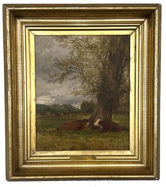 H359 Pastural Oil Painting of Cows in a meadow and resting by trees with an engraved brass plate on the front of frame that reads: �A.D. Shattuck-NA 1861  1832-1928� Painting is not signed within viewing area; however there is a signed and notarized Certificate of Provenance attached to the back that indicates the following: Artist: Aaron Draper Shattuck NA 1861 (1832-1928) Title: �Cows at Rest in the Meadow  c.1855�  Size: 11� x 9�   Media: Oil on Academy Board.  I hereby certify that the original oil painting described above was identified by my grandfather, A. D. Shattuck, as his own work; that the painting was willed to my mother, Helen Shattuck Stewart; and that it was removed by my family directly from the A. D. Shattuck homestead in Granby, Conn.  Signed: Katherine Stewart Emigh. Certification Notarized as follows: At New Britain, Connecticut, this 7 day of Oct. 1969, KATHERINE STEWART EMIGH appeared before me and personally signed the foregoing certificate. Witness my hand and seal, Anthony E. Martino, Notary Public. Raised Notary Seal is visible behind signatures.  Framed measurements: 14 ¾� wide x 16 ¾� tall x 2 ¼� deep