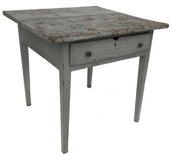 Q594 19th century Virginia Work table with the original pewter gray paint, and a dovetailed drawer,two board top, all yellow pine, Augusta Co Virginia circa 1840