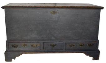 V349 18th century Blanket Chest , from Limeport Pennsylvania , Lancaster Co. with early pewter gray paint over the original red paint, dovetailed case and drawers, applied bracket base circa 1760 