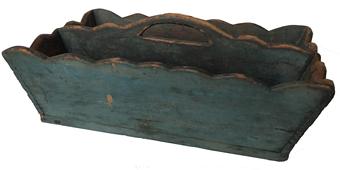 E519 Late 18th Century Lancaster Co Pennsylvania Cutlery Caddy / knife box retaining its original dry blue painted surface, with a canted form and scalloped side and cut out  handle. Tee nailed construction, Circa 1790 Measurements are:14" long x 9 1/2"  x 5 1/2" tall