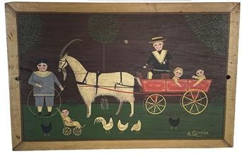 *SOLD* G640 Arthur E. Glazier (East Berlin, Pennsylvania, 1928-2015) Folk Art oil painting on a reclaimed wooden maple panel featuring a whimsical depiction of a goat pulling a red-painted wagon carrying children, a rooster with four chickens, a boy with hoop and stick, and a young child in a stroller. Trees and a small butterfly can be seen in the background.