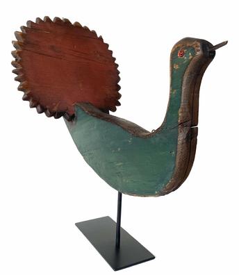 G780 Peacock Weathervane Early to mid 19th century in excellent original paint, it has glass eyes with a marvelouse applied scaltural tail, beautiful paint color of green brown and red, Mount on stand for displaying