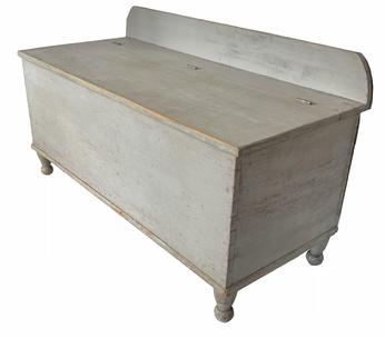 RM1413 Lancaster County, Pennsylvania original gray painted lidded wood box with backsplash resting on turned feet. Dovetailed case. One board construction. Great, small size. Circa 1820. Measurements: 49� wide x 21 ¼� deep x 22� tall (front). The back is 27 ¾� tall. 