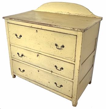 V379 19th century Virginia chest with three dovetailed drawers, applied back splash bearing original pale mustard painted surface. The primary wood is cherry with secondary woods of walnut and yellow pine. Post and Paneled construction with a nice, paneled back. Posts end in round turnings creating the feet. Circa 1820.  Measurements: 39" wide x 39" tall (back) x 21 3/4" deep x 33 1/2" tall (front) x 21 1/2" deep 39 1/4" wide x 39" tall  