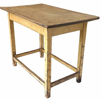 G314 Late 18th century New England tavern  Table, this table features fine proportions, with a great dry mustard paint history, one board top, with tapered legs,mortised and pegged box stretcher  Measurements are: 36" wide  x 27 3/4" tall x 21 3/4" deep