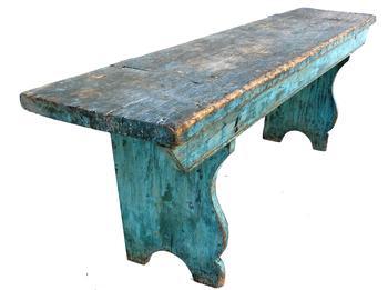 F757 Beautiful Lancaster Pennsylvania double mortised Bench, in blue paint. Shaped ends, with a high arched cut out foot, the legs are double mortised through the top one board, circa 1820