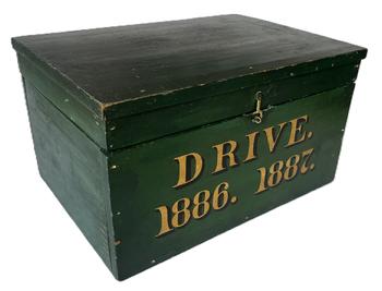 K1542 19th century Pennsylvania Document Box with spectacular green painted surface bearing "DRIVE. 1886. 1887." exceptionally hand painted in gold with black painted shadowing on the front. The same verbiage/dates are handwritten in pencil inside the lid of the box. Natural patina interior. Small square head nail construction. The wood is pine. Measurements:  14 ¼ wide x 10 ¼ deep x 7 ¾ tall.