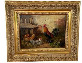 L44 Excellent late 19th century signed painting depicting a Rooster standing watch over two Hens nesting by a tattered fence leaning against a chipped painted brick wall. Signed E. S. England in lower left corner. Oil on canvas. Vivid colors and exquisite details throughout. Beautifully framed in an ornate gold gild frame. Framed measurements: 18 ¾ wide x 15 ¾ tall x ~1 ¾ deep. The artist, E.S. England, was a famous British painter known for his landscape animal scenes. He was most actively painting during 1870-1910. 