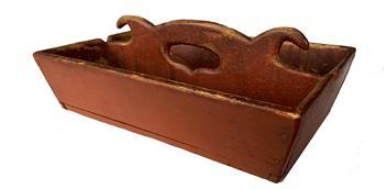 F218 This is a wonderful example of a 19th Century wooden cutlery tray/ knife box . What makes this piece a real standout is the scalloped nicely executed cut out handle . The tray is constructed from pine with square nails and canted sides attaching to a one-board bottom.