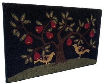 E536 Hooked Rug with Birds  under a Tree, America,  against a black background  The Birds are standing on green ground,   beautiful shaped tree with red fruit , this rug has been professionally clean and mounted ready to hang Measurements are , ht. 33 3/4, wd. 47 1/2 in.
