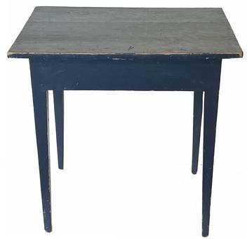**Sold**J104 Mid 19th century Pennsylvania Hepplewhite Stand in beautiful indigo blue paint. Two board top with great overhang, resting on tapered hepplewhite legs. Mortised and pegged construction. Measurements are: 29 3/4" wide x 21 1/4" deep x 29 1/2" tall