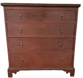 B392 Blanket Chest over drawers 1790 -1810 New England Chest with original dry red paint, Blanket Chest with  two fax drawers over two dovetailed drawers,  applied molded top ,Snipe hinges, the case is raised on tall bracket base.